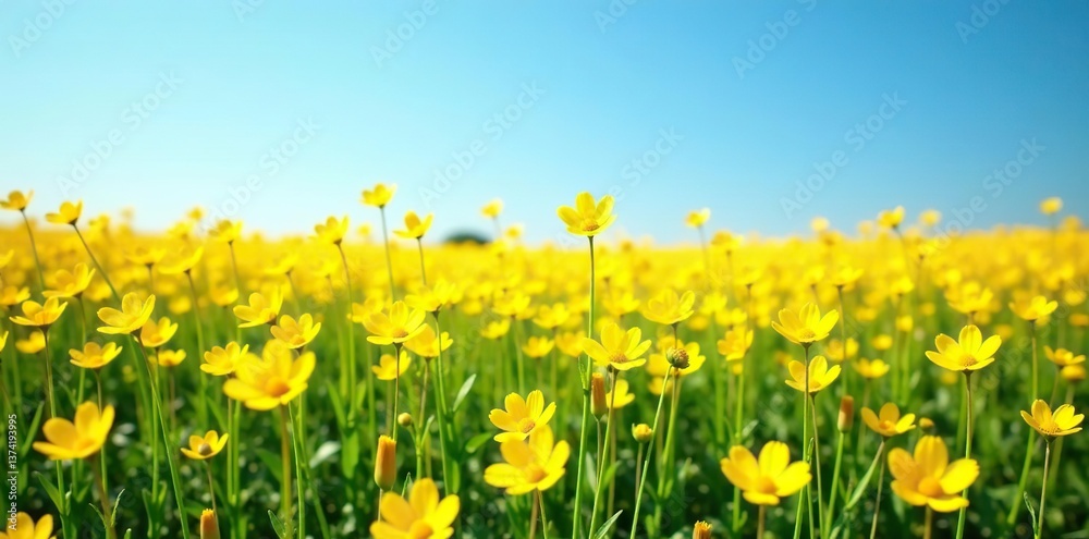 Fototapeta premium Vibrant field of yellow flowers under a clear blue sky, background, tranquil