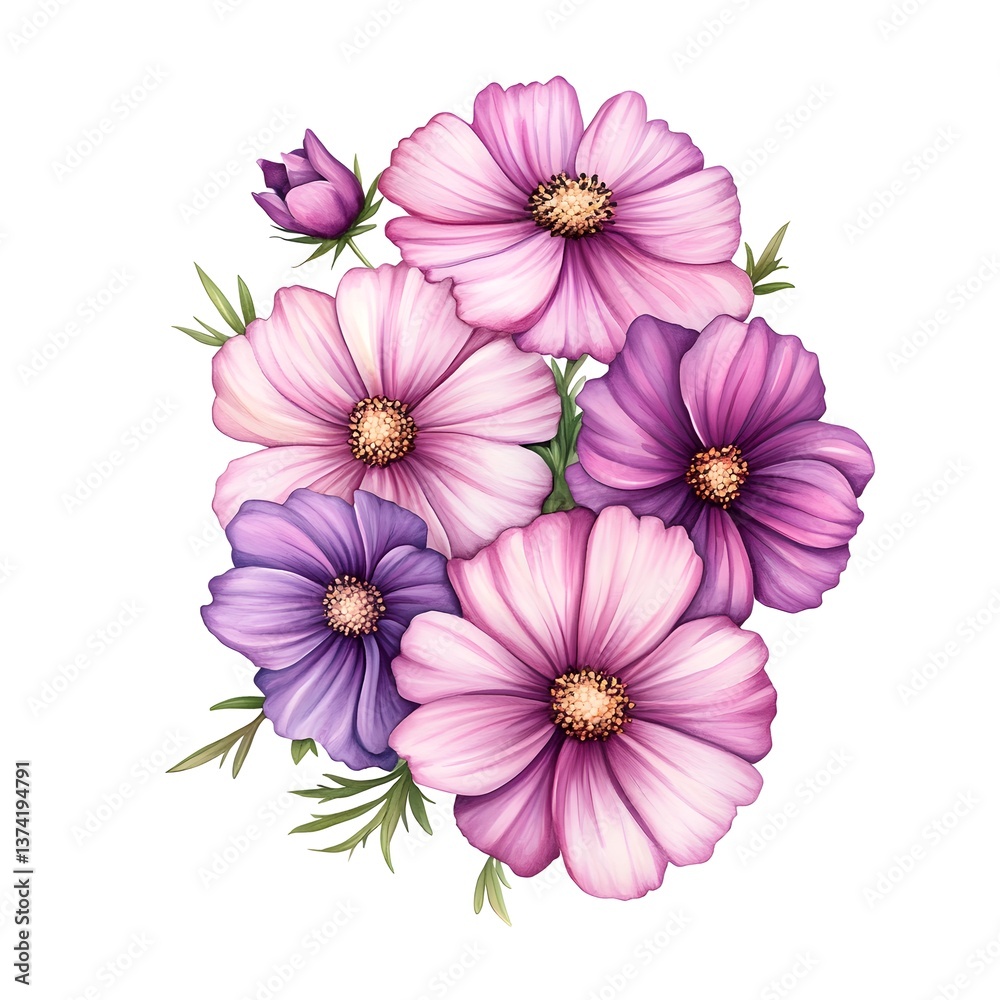 Fototapeta premium Beautiful Pink and Purple Cosmos Flowers Bouquet Illustration Watercolor Painting Floral Design