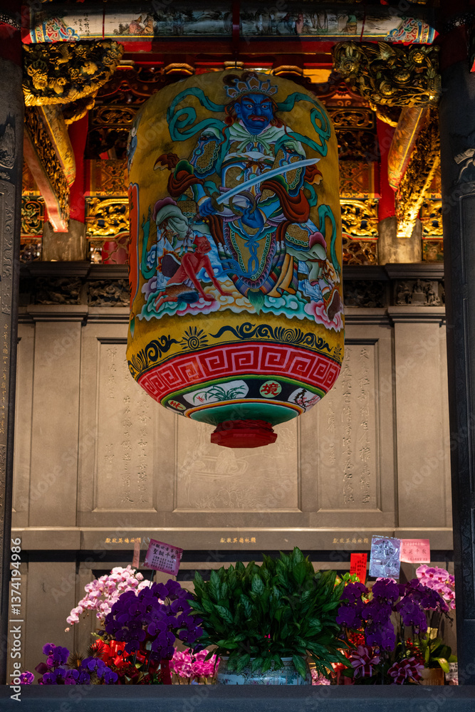An ornate painted lantern hangs in a temple above a beautiful floral offering in Taipei.