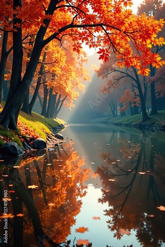 Vibrant orange leaves reflect on the tranquil water of a river during autumn season,  leaves,  outdoors