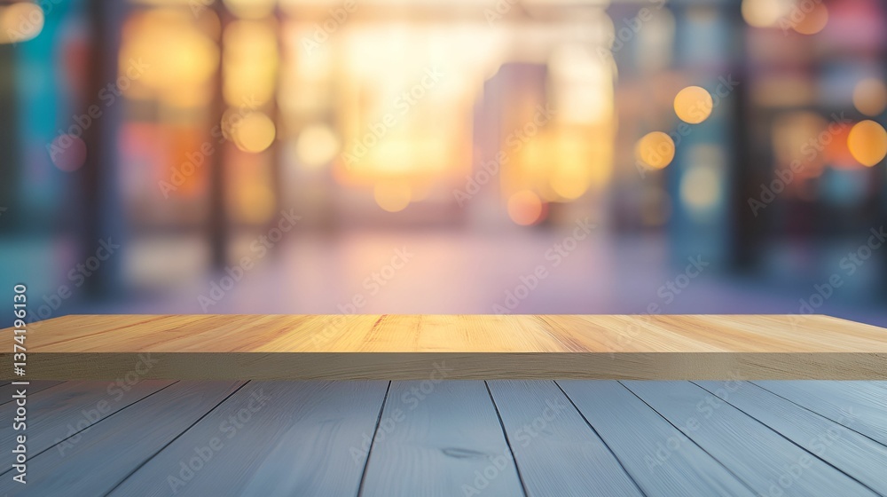 Obraz premium A blurred background with warm bokeh lights and a wooden surface in the foreground, creating a cozy and inviting atmosphere.