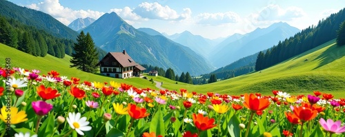 Vibrant wildflowers blooming in Gasienicowa valley with traditional cottages, Tatra mountains panorama, Poland summer morning,  vibrant,  colorful flowers