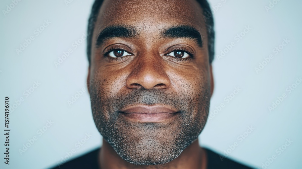 Obraz premium Hyperrealistic passport photo-style portrait of a man with subtle, natural blending of faces from various ethnicities, featuring aligned eyes, nose, and mouth, soft lighting, and neutral expression
