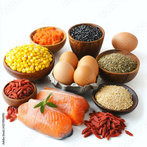 Chicken, corn, soybeans, defatted bran, cassava, rice bran, chicken fat, salmon fish oil, tuna oil, sunflower seed oil, pumpkin, carrot, goji berry, seaweed, mulberry, chicken eggs, 