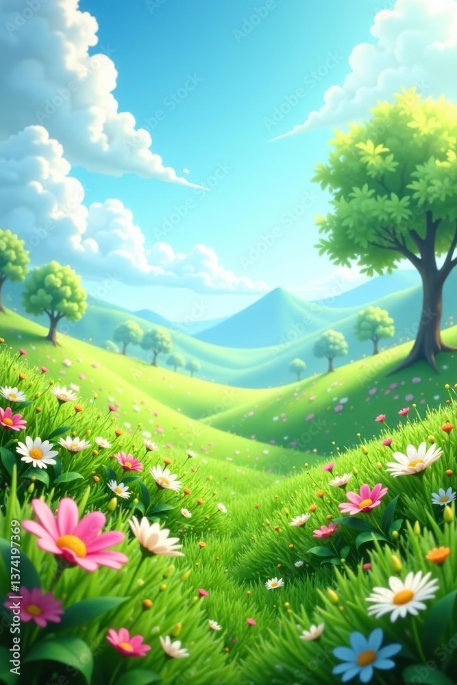 Fototapeta premium Vivid 3D grassland landscape background with blooming flowers and lush greenery, sunny, flowers