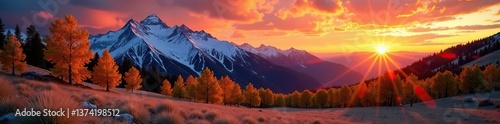 Vibrant sunset over Kebler Pass with golden aspen trees and snowy mountains in the background,  Kebler Pass,  mountains