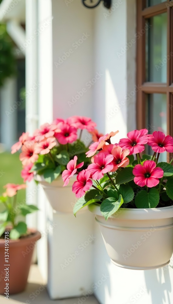 Fototapeta premium Vibrant hanging baskets filled with pink and peach petunias on a white surface, blossoms, pink