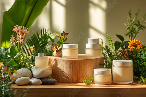 product photography mockups of various skincare essences transparent shampoo, cream, serum, oil,  containers set on a wooden podium in the gradient herbal background. mockup 