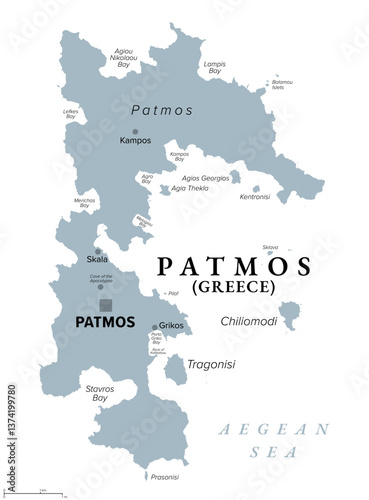 Patmos, Greek island, gray political map. Island of Greece in the Aegean Sea, northernmost part of Dodecanese. Here John of Patmos received the visions found in Book of Revelation of New Testament.