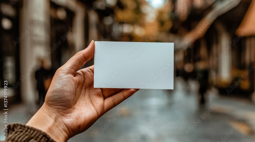 A hand holding a white blank card in a city setting A hand holding a white blank card in a city setting