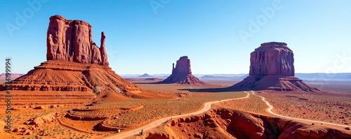 Vibrant red sandstone mittens towering against clear blue sky in Monument Valley, Utah, USA,  Scenic,  American Southwest