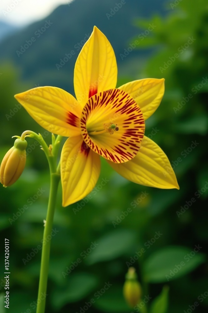 Fototapeta premium Vibrant red spotted yellow Monkey flower blooming in St Gallen garden, Switzerland, South America, blooming