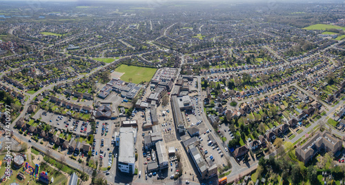 Fototapeta Naklejka Na Ścianę i Meble -  Aerial view of the Woodley downtown center. Small town in Wokingham, Reading, Berkshire
