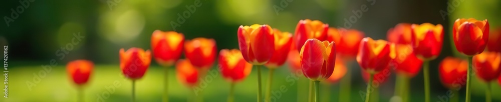 Vibrant red tulip flowers in bloom against a green garden backdrop, flora, flowers Vibrant red tulip flowers in bloom against a green garden backdrop, flora, flowers