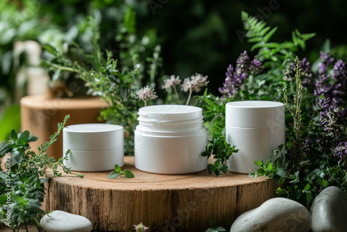 product photography mockups of various skincare essences white shampoo, cream, serum, oil,  containers set on a wooden podium in the gradient herbal background. mockup 