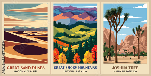 A collection of posters featuring various national parks and mountain ranges. The postcards are arranged in a grid and include Great Sand Dunes, Great Smoky Mountains, Joshua Tree.