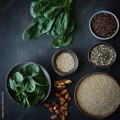 A realistic photograph focusing on magnesium-rich foods. The table includes deep green vegetables like spinach, a variety of nuts and seeds, 