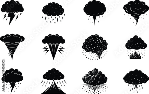 Severe Weather Icons Clouds, Rain, Lightning, Tornadoes, and Fire