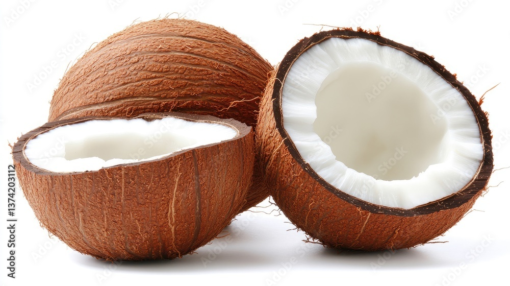 Fresh Whole and Halved Coconuts on White Background for Projects