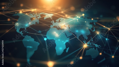 Abstract digital world map with global network connections, in shades of blue and orange