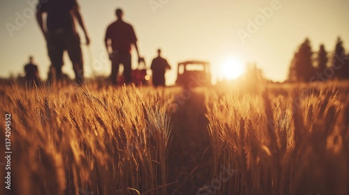Farmers Harvest Wheat at Sunset in a Golden Field, Connecting With Nature's Beauty