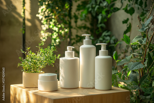 product photography mockups of various skincare essences white shampoo, cream, serum, oil,  containers set on a wooden podium in the gradient herbal background. mockup 