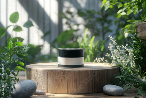 product photography mockups of various skincare essences white shampoo, cream, serum, oil,  containers set on a wooden podium in the gradient herbal background. mockup 