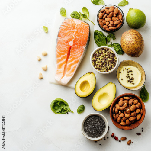 healthy food, sort in protein, carbs and fat, white background 