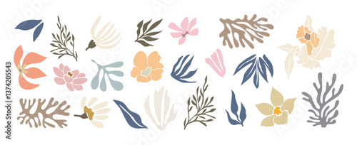 Set of hand drawn floral design elements, abstract shapes. Wild and garden flowers, leaves. Contemporary modern vector botanical art illustrations in trendy bright colors isolated