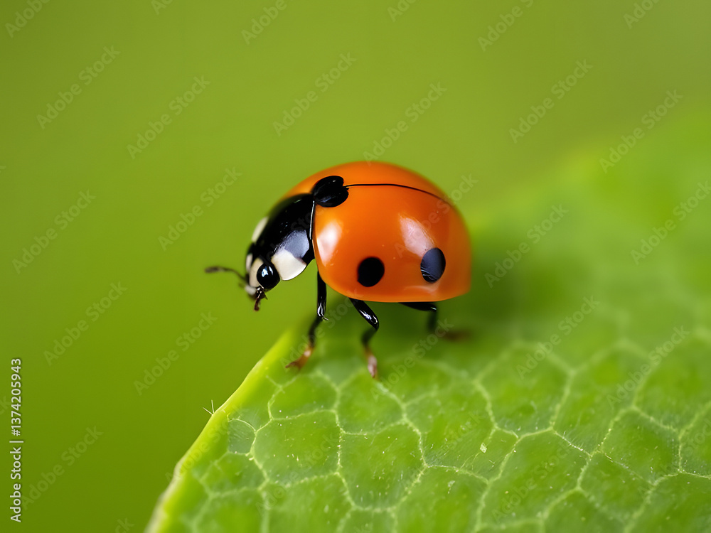 Close-up of a vibrant ladybug on a green leaf, insect macro photography. Close-up of a vibrant ladybug on a green leaf, insect macro photography.