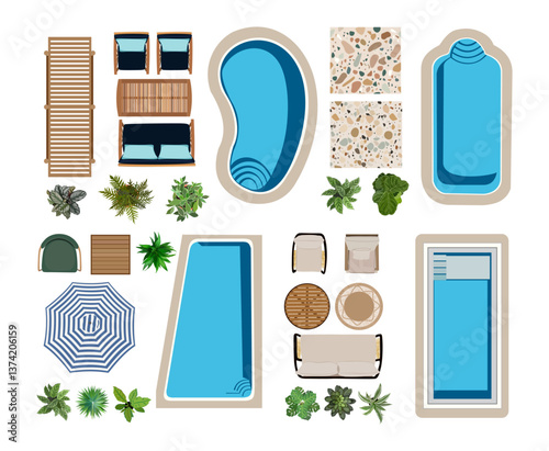 Outdoor top view icons for landscape design plan with pool, garden furniture, beach umbrella. Flat vector illustrations isolated
