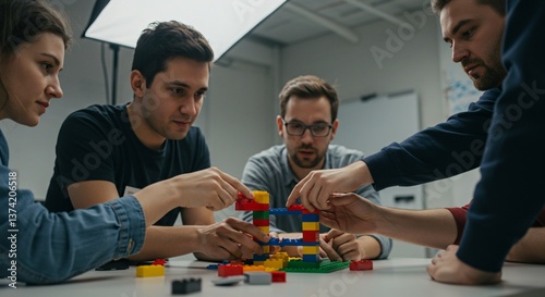 A group of people collaborating on building a structure with colorful plastic toy building blocks