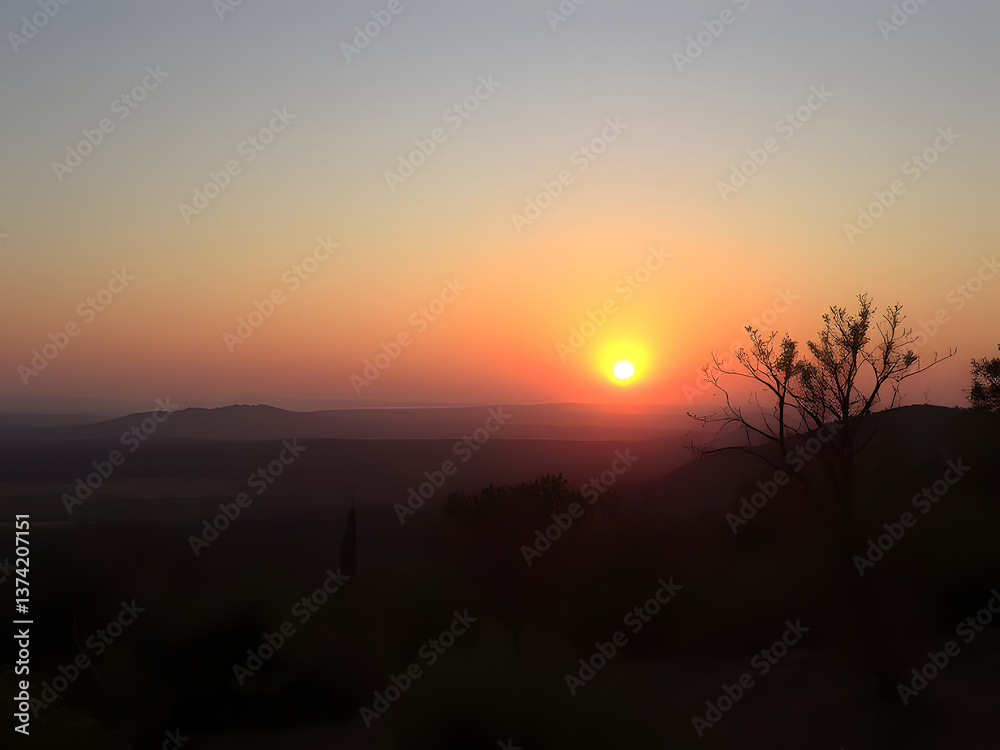Fototapeta premium Stunning Sunset Over Hills and Horizon, Nature's Beauty, Orange Sky, Silhouette of Tree and Landscape.