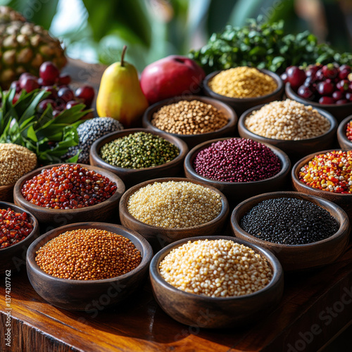 An inviting scene showcasing a variety of vibrant Caribbean grains, such as quinoa, millet, and amaranth, artfully arranged in bowls on a rustic wooden table. 