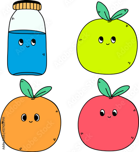 Set of water bottle and fruit cartoon drawing vector.