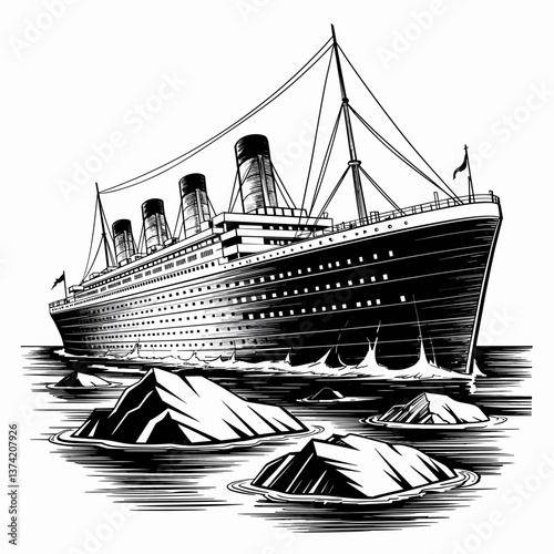 Historic Ocean Liner Navigating Iceberg Waters Illustration