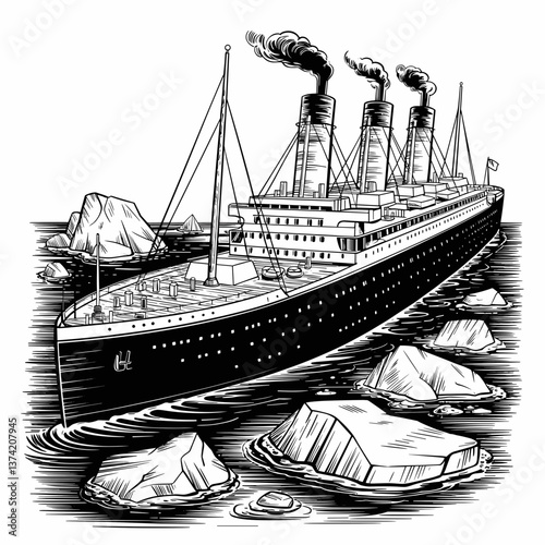Historic Ocean Liner Navigating Iceberg Waters Illustration