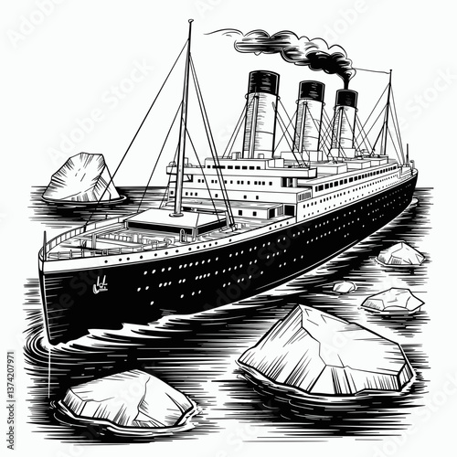 Historic Ocean Liner Navigating Iceberg Waters Illustration