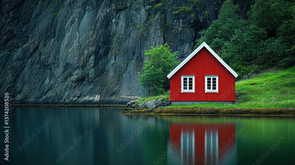 Fototapeta premium A serene red house beside a calm lake, surrounded by rocky cliffs and lush greenery, reflecting beautifully on the water's surface.