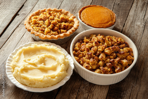 Thanksgiving turkey dinner. Overhead view top border on a rustic wood table 