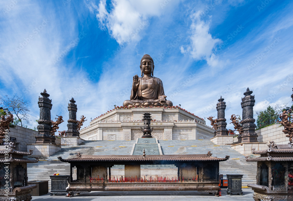 Fototapeta premium Jinding Giant Buddha landscape in Jilin Dunhua Liudingshan Cultural Tourism area 