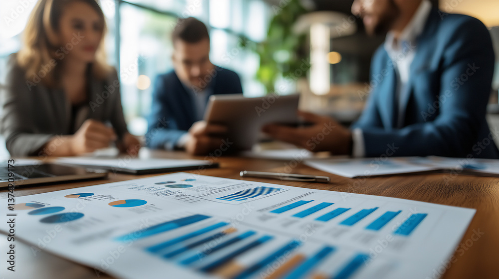Businesspeople discussing financial reports, graphs, and portfolio growth. Businesspeople discussing financial reports, graphs, and portfolio growth.