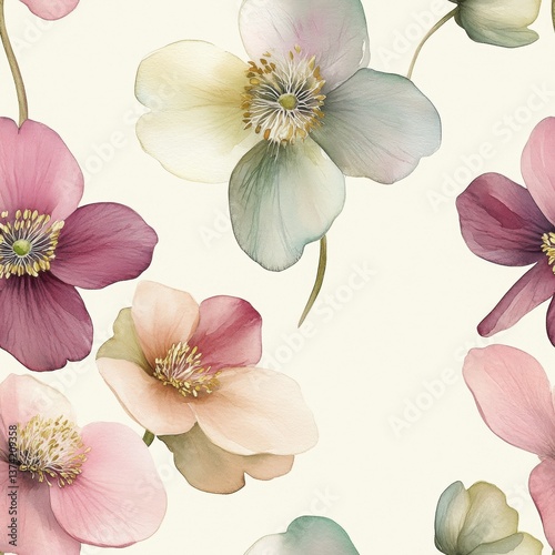 Delicate Watercolor Hellebores in Muted Pastel Color Palette