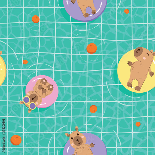 Seamless vector pattern with cute capybaras on pool floats. Летний дизайн for textile, wallpaper or nursery print design.