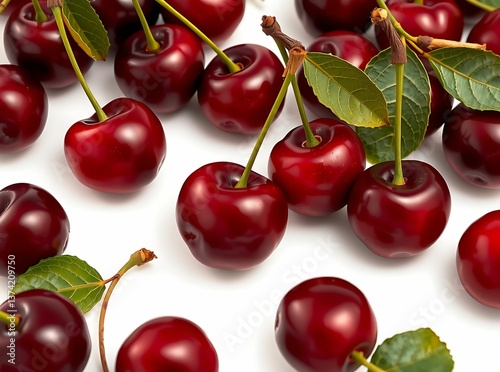 Fresh and glossy red cherries with stems and green leaves, perfectly isolated on a white background for food aesthetics.
