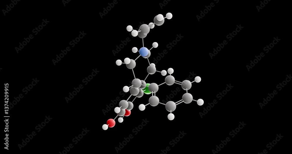 SKF-82,958 molecule, rotating 3D model of benzazepine class, looped video on a black background SKF-82,958 molecule, rotating 3D model of benzazepine class, looped video on a black background