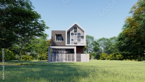 3D render of a modern house exterior. Grey and white tones, geometric shapes, varied textures. Architectural visualization, residential design, digital rendering, set against a lush green environment