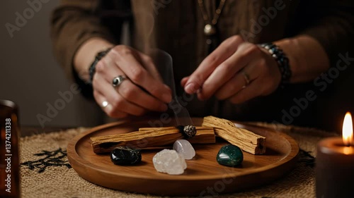 Hands arranging crystals and incense on wooden tray in tranquil candlelit atmosphere