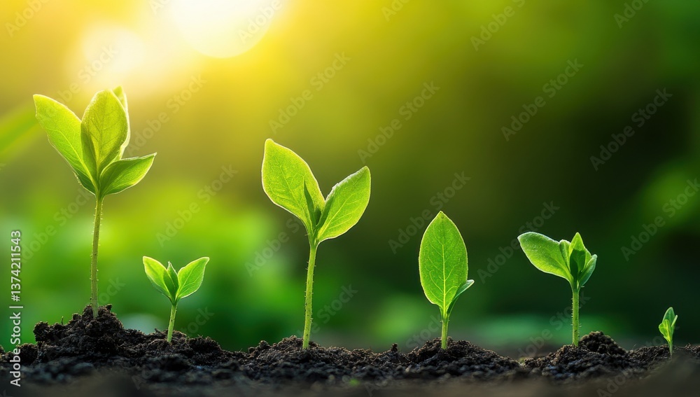 young plant growth sequence on soil with green background, sunlight, and copy space young plant growth sequence on soil with green background, sunlight, and copy space
