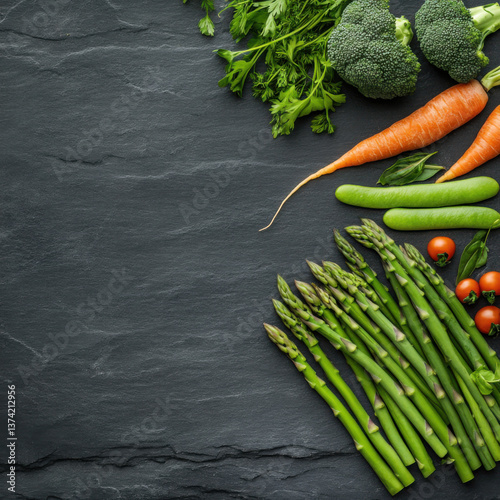 Vegetables on a slate background, mainly asparagus, tenderstem broccoli, chilli, green beans, 